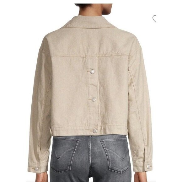Oat New York Womens Denim Crop Backvent Jacket Khaki Buttons Pockets Collared L - Picture 9 of 9